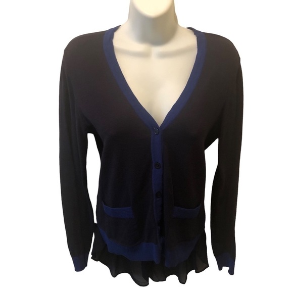 CAbi Michelle Clueless Preppy Black Cobalt Blue Block Cardigan Sz S Sheer Peplum - Picture 1 of 7